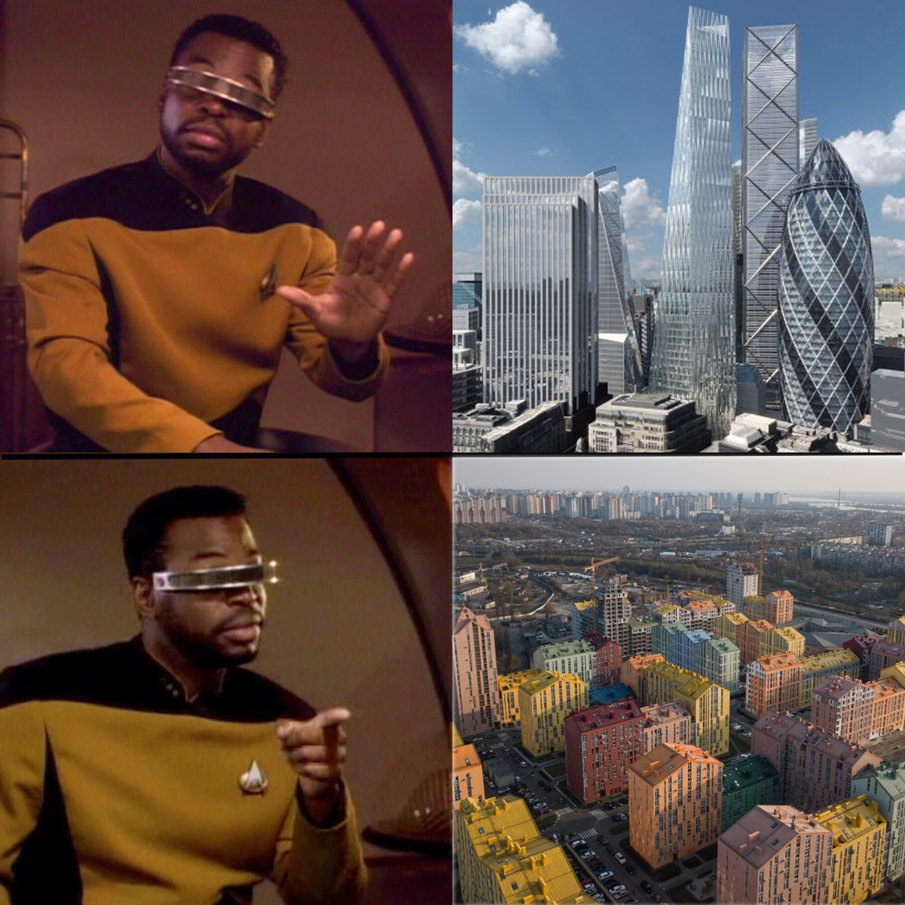 This meme is a humorous comparison between the expectations of a futuristic city in a science fiction movie and the reality of modern urban planning. The top image shows a futuristic cityscape from a science fiction movie, while the bottom image shows a real-world city with a sprawling, chaotic landscape of high-rise buildings and traffic congestion. The text "I came here to see the future, not to live in it" is often used to express disappointment or disillusionment with the current state of urban planning.